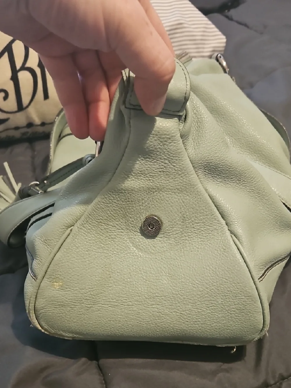 Authentic MCM Worldwide Tassel Leather Tote Shoulder Bag‎ in Light Sage Green